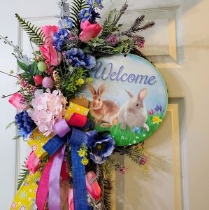 Floral Welcome Wreath with Rabbits